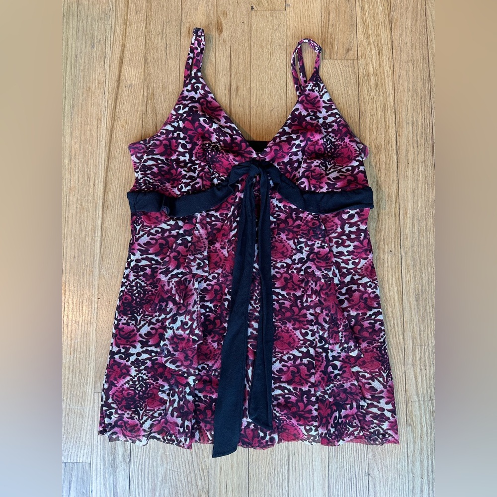 INC International Concepts Pink/White/Black Printed Tie-Front Ruffle Tank (M)